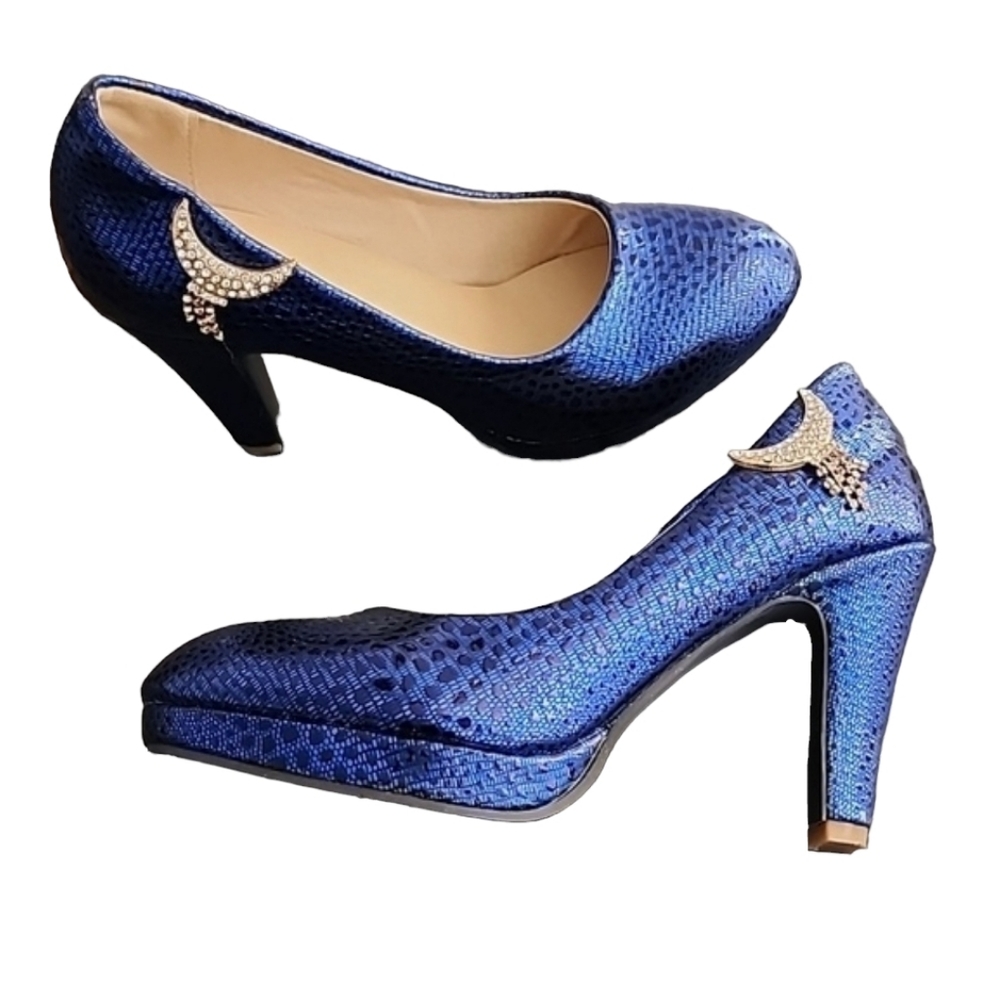METALLIC COBALT BLUE VEGAN Platform Pumps 8 Heels Gold CZ Moon Charms Chunky - Picture 14 of 16